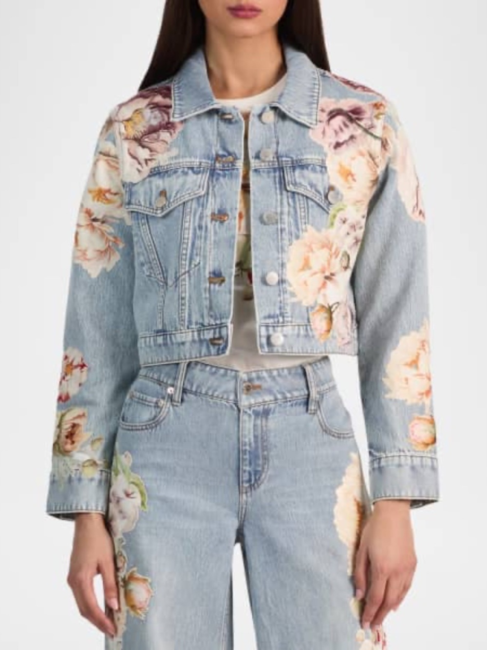 ALICE + OLIVIA Chloe Floral Embroidered Cropped Denim Jacket